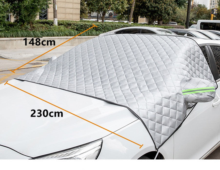 Frostschutz-Abdeckung am Auto mit Maßangaben 230 cm und 148 cm